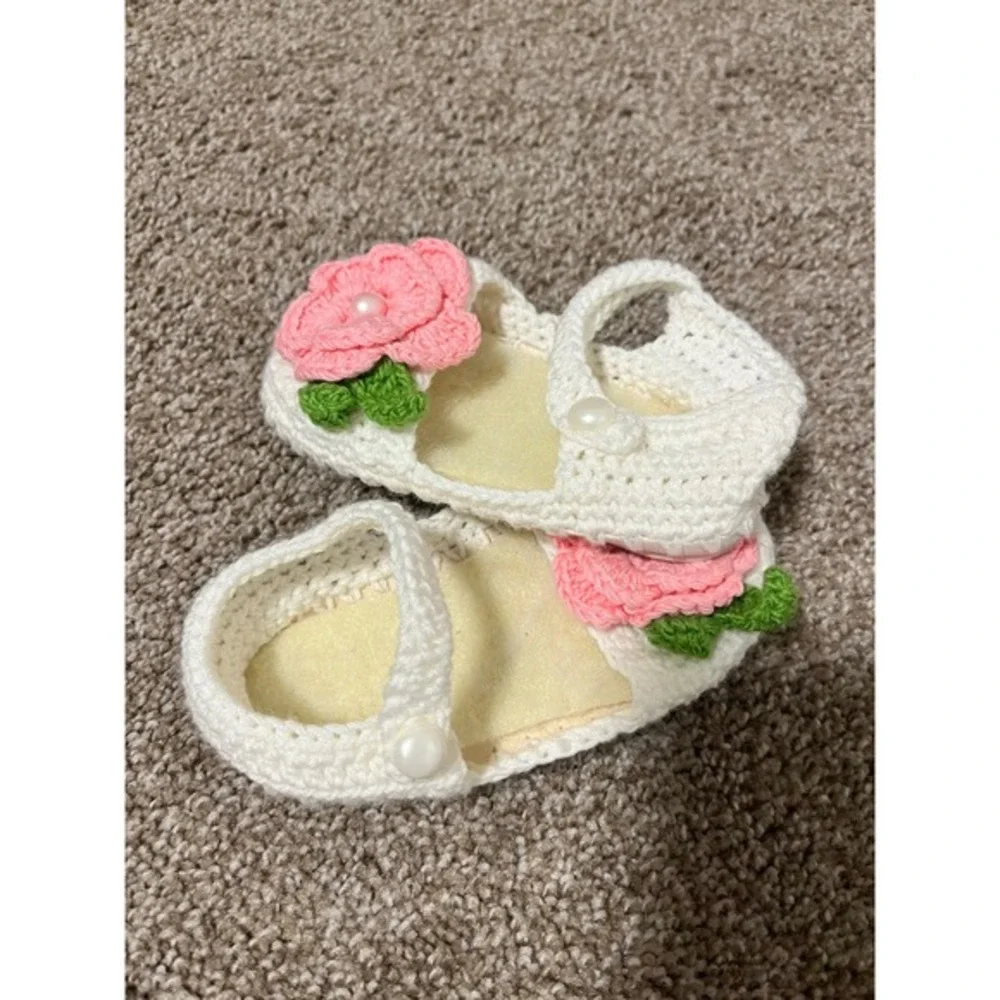 Handmade Crochet Baby Sandals White Pink Flower Pearl Girls Shoes Newborn‎